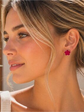 Elegant Red Flower Stud Earrings | Gold Trim Floral Studs | Feminine Chic